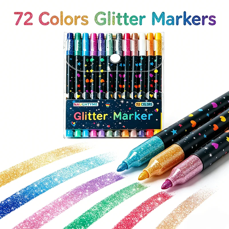 Canetas Marcadoras de Glitter com Ponta Dupla 24/48/72/96 Cores, Grande Volume de Tinta, Canetas Metálicas Brilhantes para Desenho Infantil e Materiais de Arte Escolar