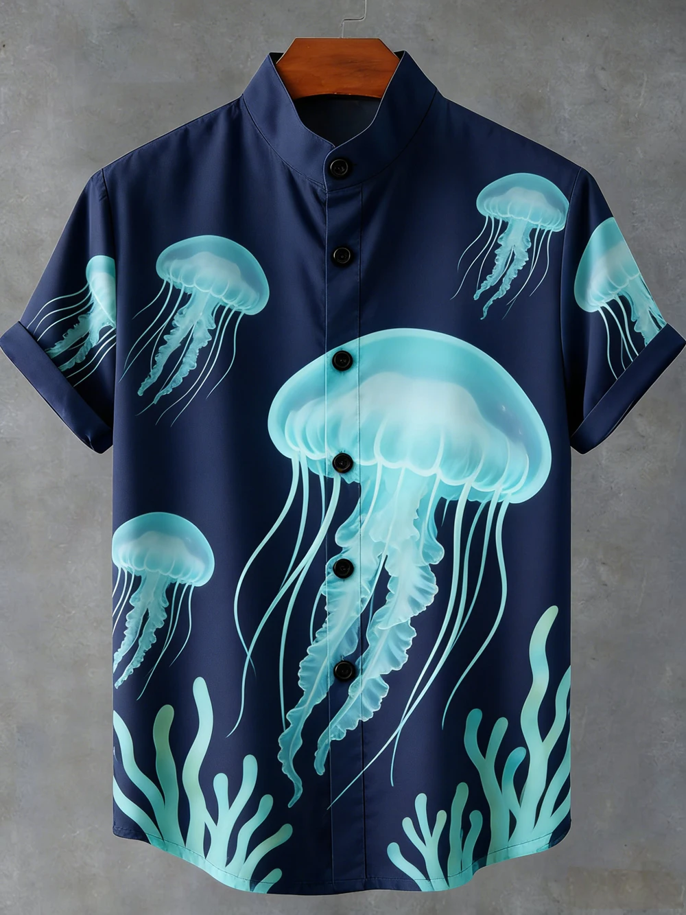 

2026 Spring Men's fun linen short-sleeved shirt ocean jellyfish coral HD printed shirt Hawaiian vacation social clothing for men