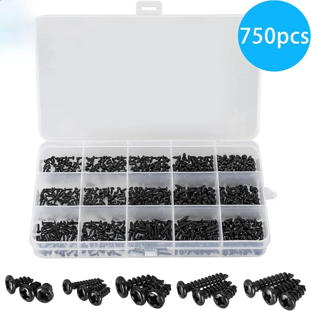 750pcs Black Pan Head Self Tapping Screw Assortment For Phillips Drive Various Sizes M1.7 To FOR M3 With Storage Box