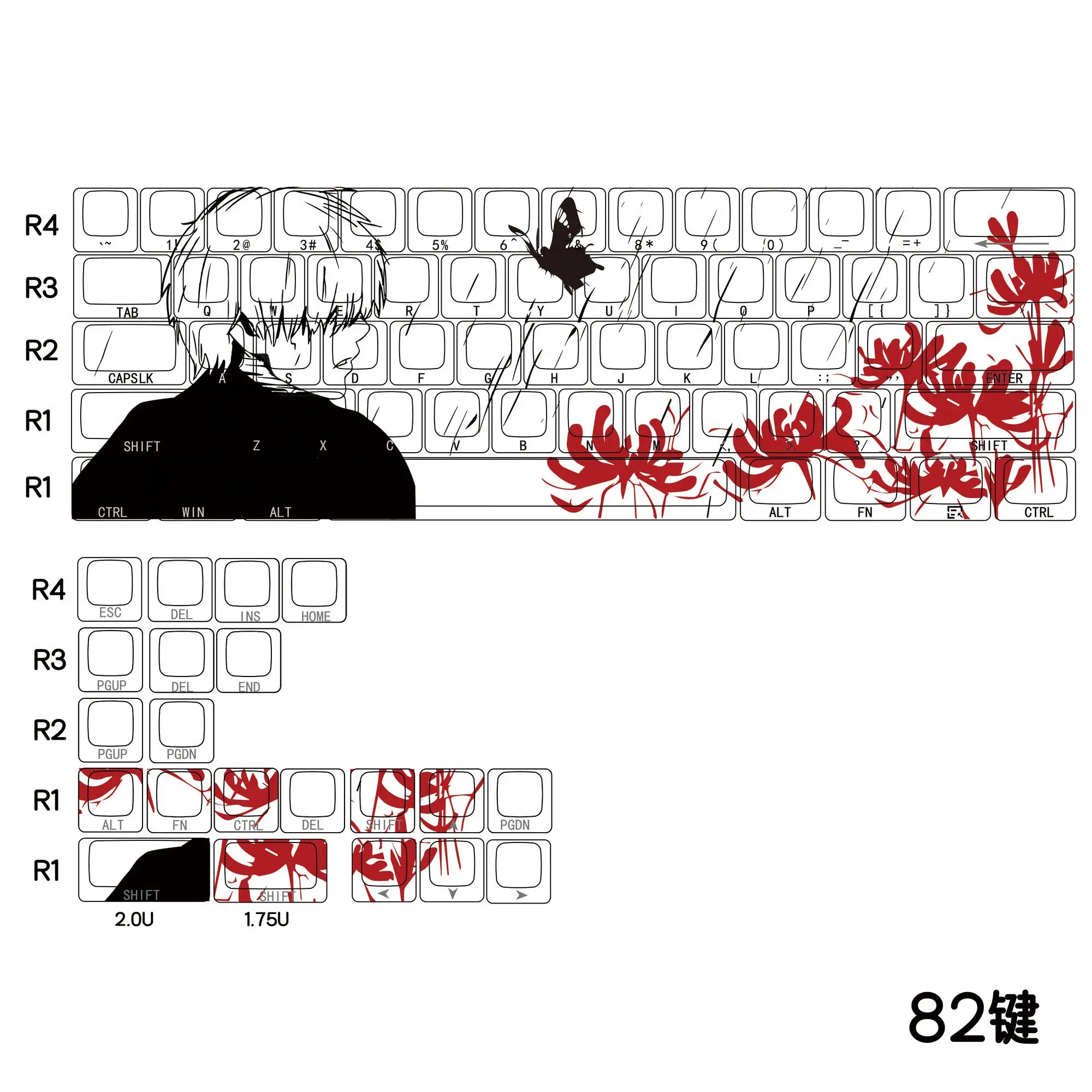 

87 Keys Tokyo Ghoul Keycaps かねき けん Kaneki Ken Keycap Translucent PBT DYE-Sub Cherry Profile Key Cap for Made68 Mad68 Wooting 60
