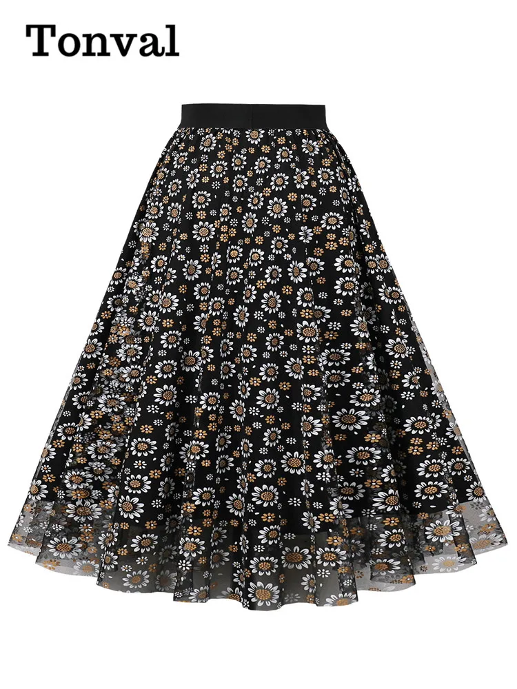 Tonval Floral Print Mesh Vintage Midi Skirts for Woman Elastic Waist Elegant Black Pleated A-Line Casual Long Skirt