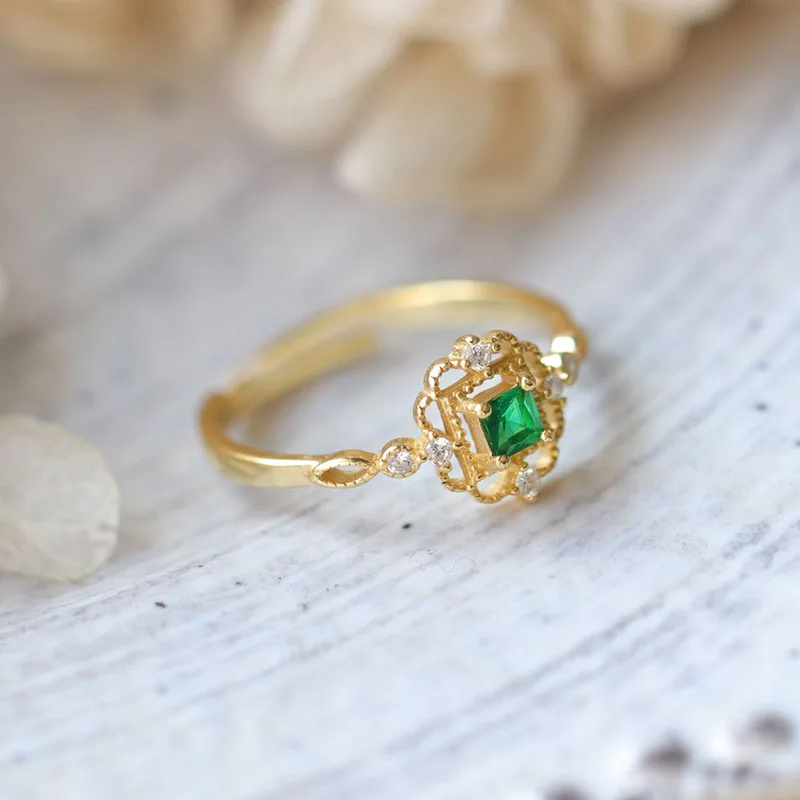 LAMOON 925 Sterling Silver Rings For Women Vingtage Synthetic Emerald Ring Gold Plated Jewelry Wedding Engagement Accessories