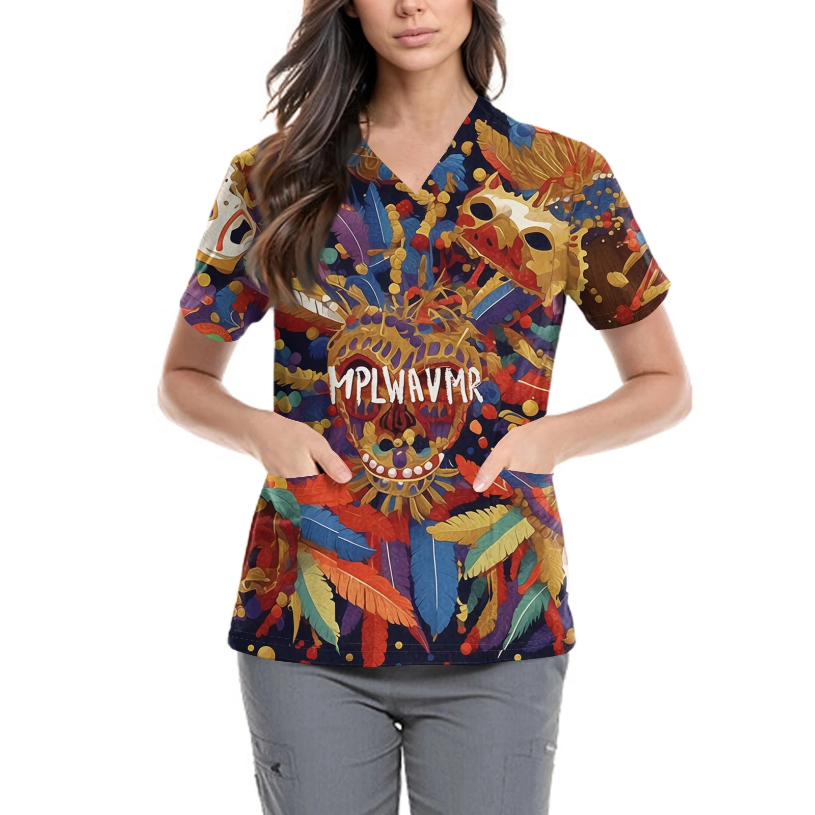 Carnival Nurse Uniforms Polyester Fiber Printed Short-Sleeve V-Neck Tops Women'S Printed Pocket Top Basic Pullover Fashion Daily