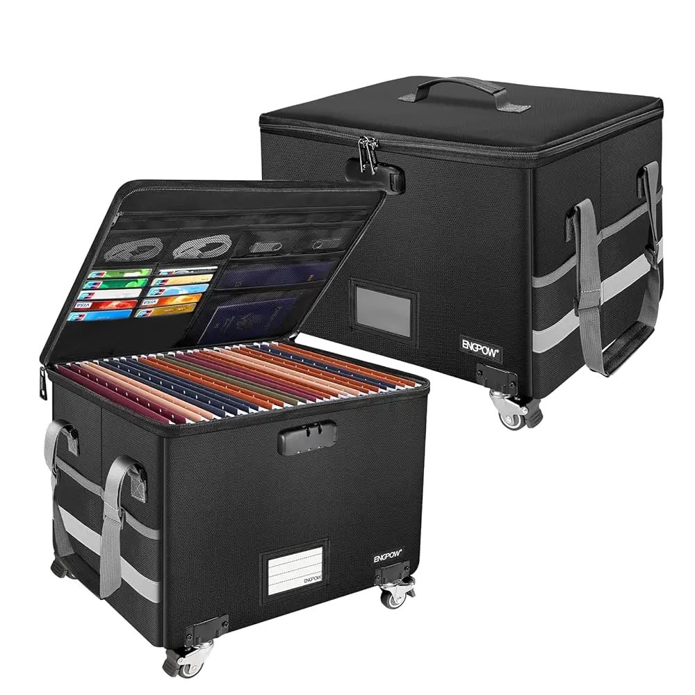 

Fireproof Document Box with Wheels, Collapsible File Box with Lock, Rolling File Storage Organizer Filing Cabinet with Pocke