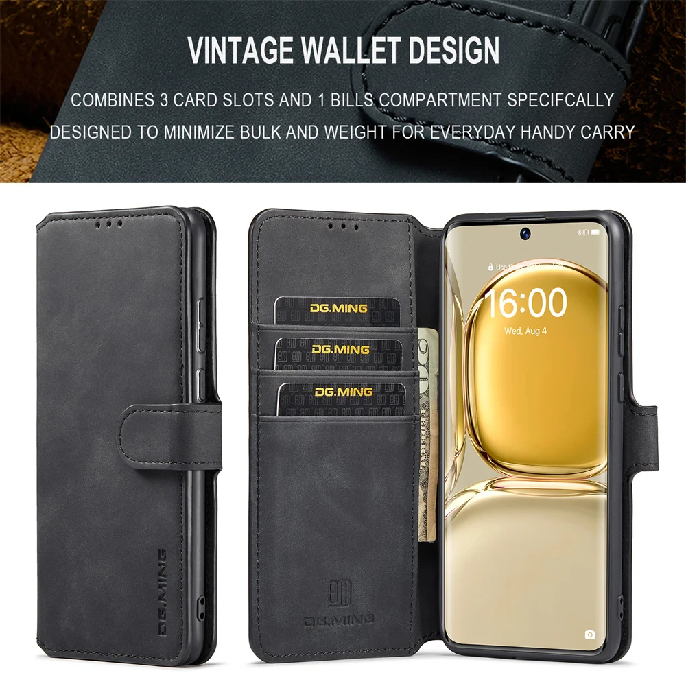 DG.MING Vintage Leather Case for Huawei P20 P30 P40 P50 Pro Nova 3E 4E Magnetic Closure Flip Cover Slim Wallet Case