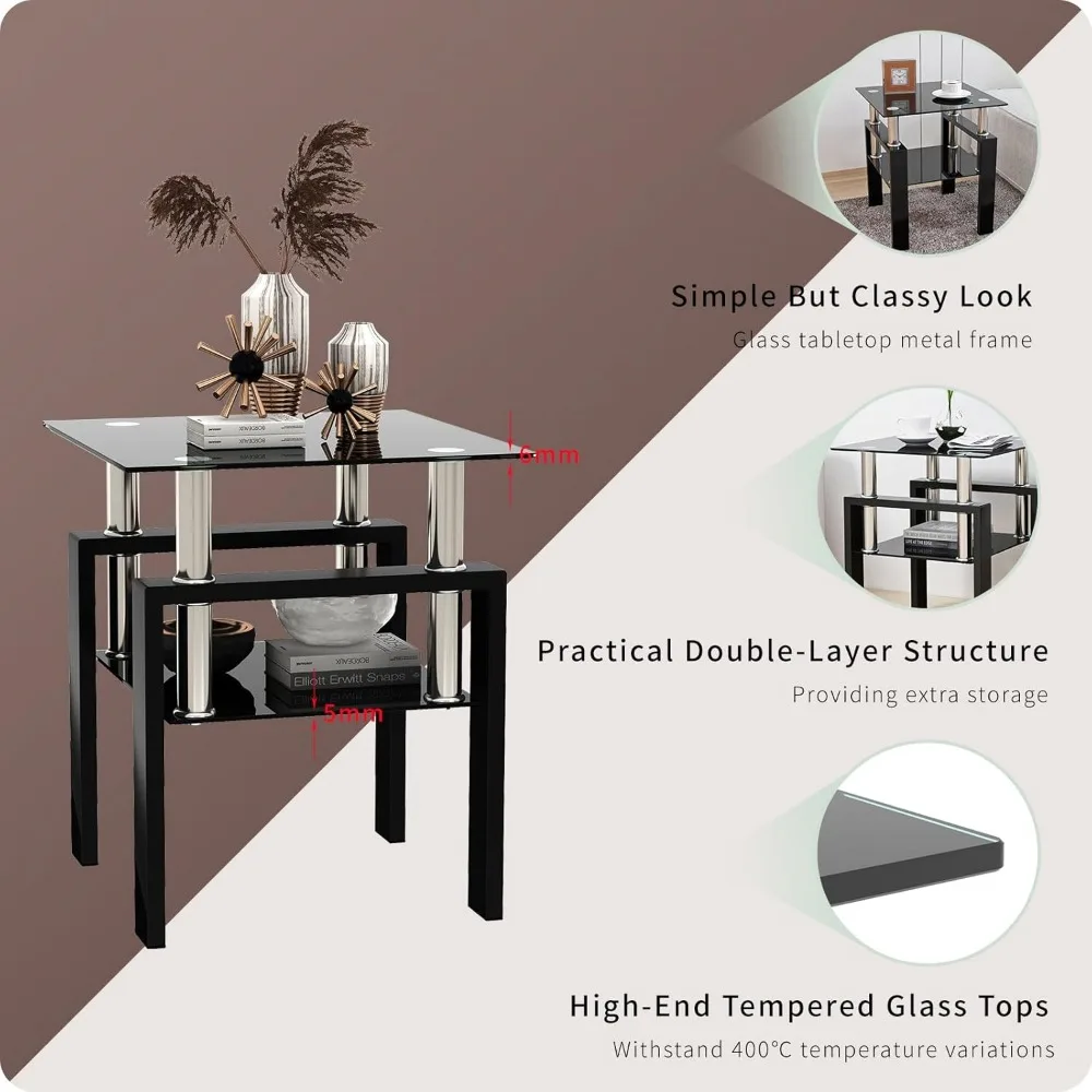 3-Piece Black Glass Living Room Table Set: Coffee Table and 2 Side Tables with Metal Frame