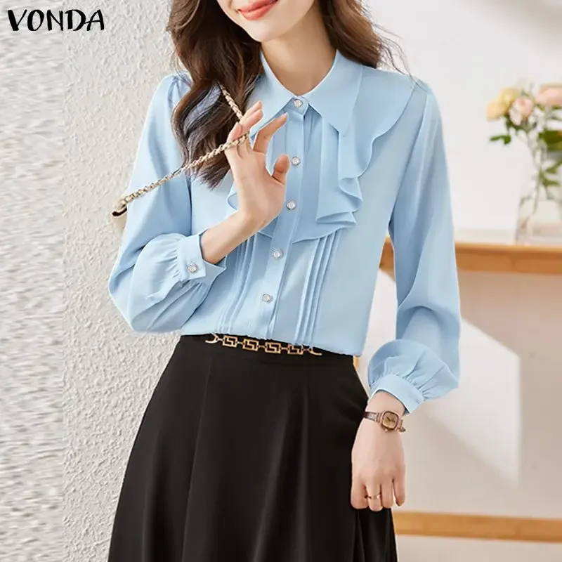 Vrouwen Shirts VONDA Elegant Office Lady Lange Mouw Ruches Blouse 2026 Lente Casual Solid Tuniek Tops Knoppen Streetwear Blusas