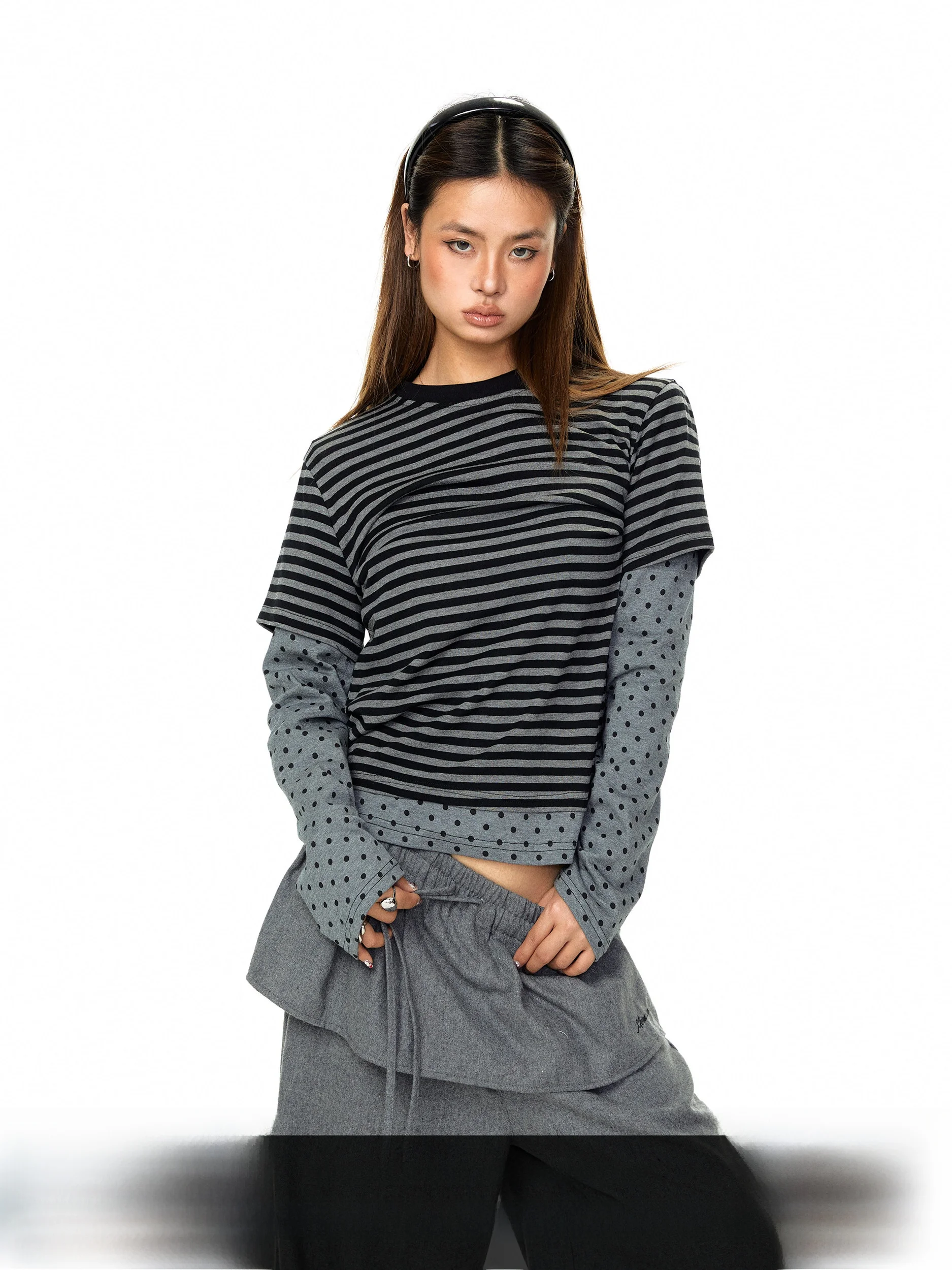 

Женская футболка Blabb Millennium Sle с круглым вырезом, в горошек и полоску, весенне-осенняя, свободного кроя, с эффектом двухслойности