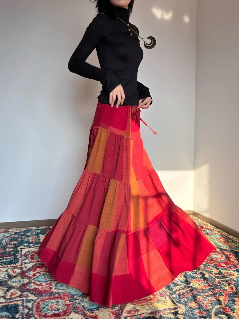 Women's Boho Maxi Skirt Red Tiered Ruffle High Waist Drawstring Flowy Long Skirt Summer Casual Ethnic Festival Beach Skirt