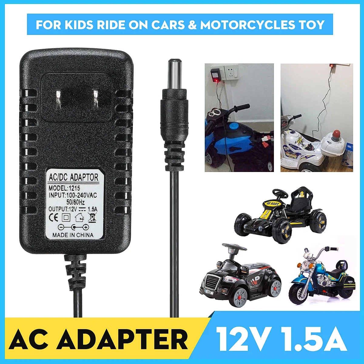 Power Supply Battery Charger Adapter for Kids, ATV Quad Ride On Cars and Motorcycles, AC 100-240V to DC 12V 1A, 1A