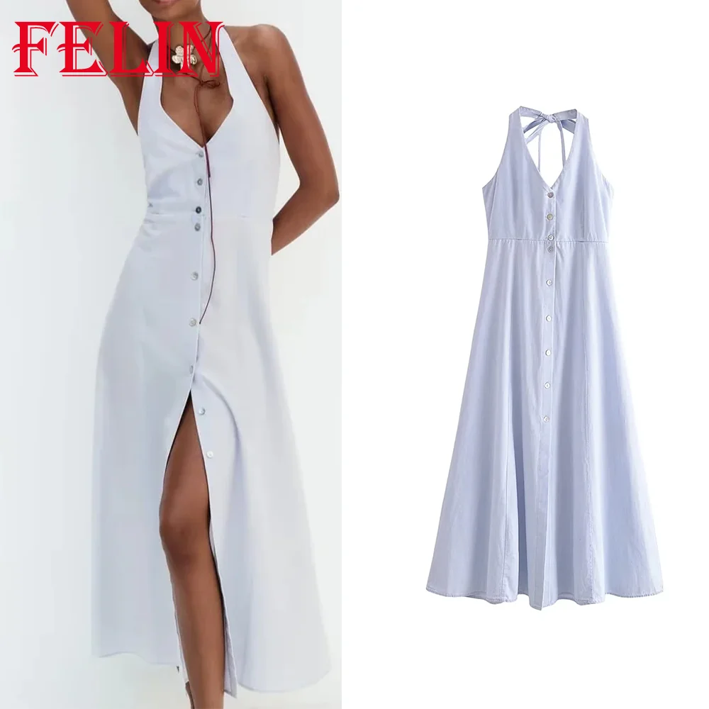 TRAF 2023 Summer Women Halter Sleeveless Beach Style Backless Long Dress Ladys Sexy Staright V-Neck Slim Evening Club Vestidos