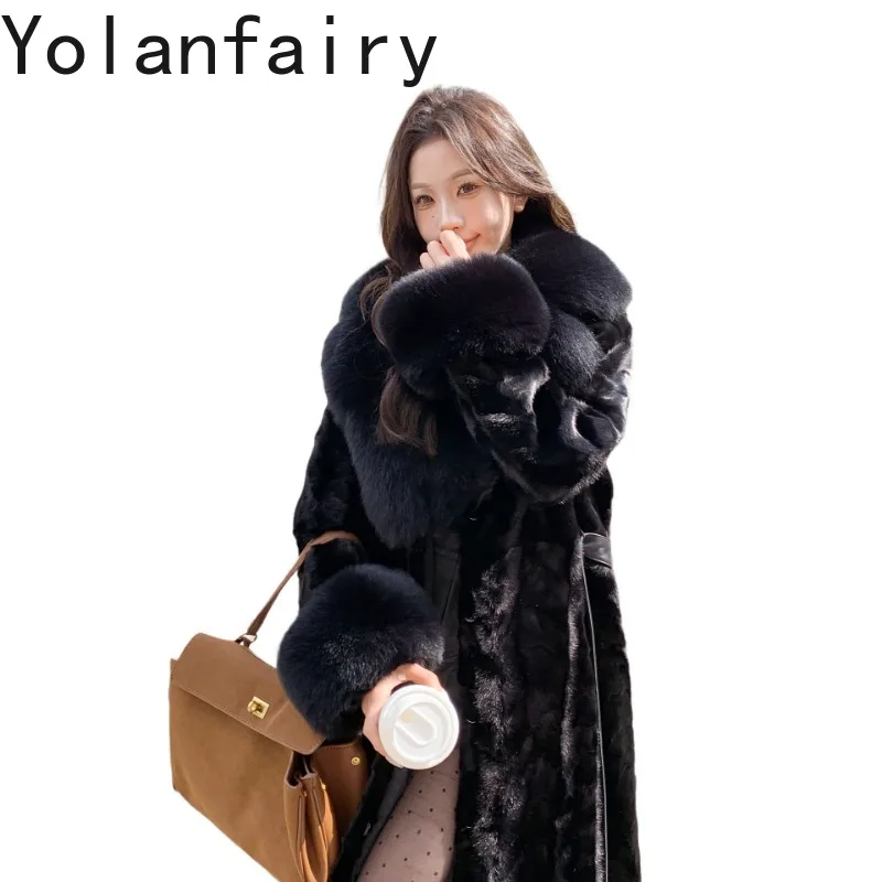 YOLANFAIRY Full Pelt Mink Fur Coat Woman Real Luxury Velvet Whole Mink Natural Fur Coat Detachable Fox Fur Collar V-neck Clothes
