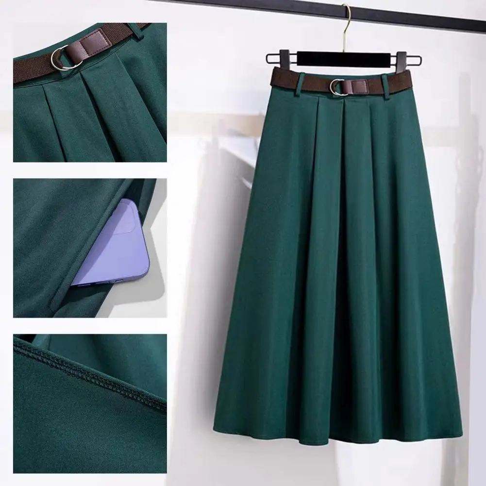 

Women Skirt Elegant A-line Midi Skirt with Belt High Waist Design Soft Draped Hem Women's Solid Color Skirt for Breathable