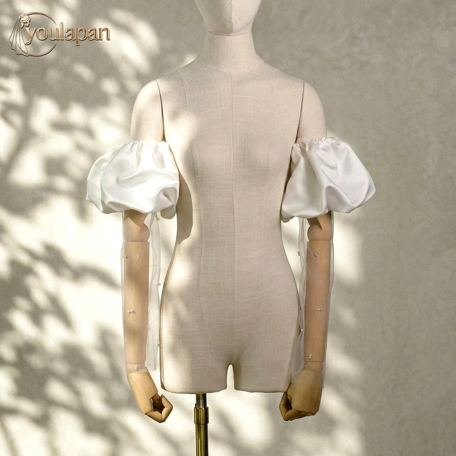 TOPQUEEN Satin Bubble Sleeves Women's Gloves Pearl Adornment Detachable Wedding Sleeves Accessories Mariage MM36