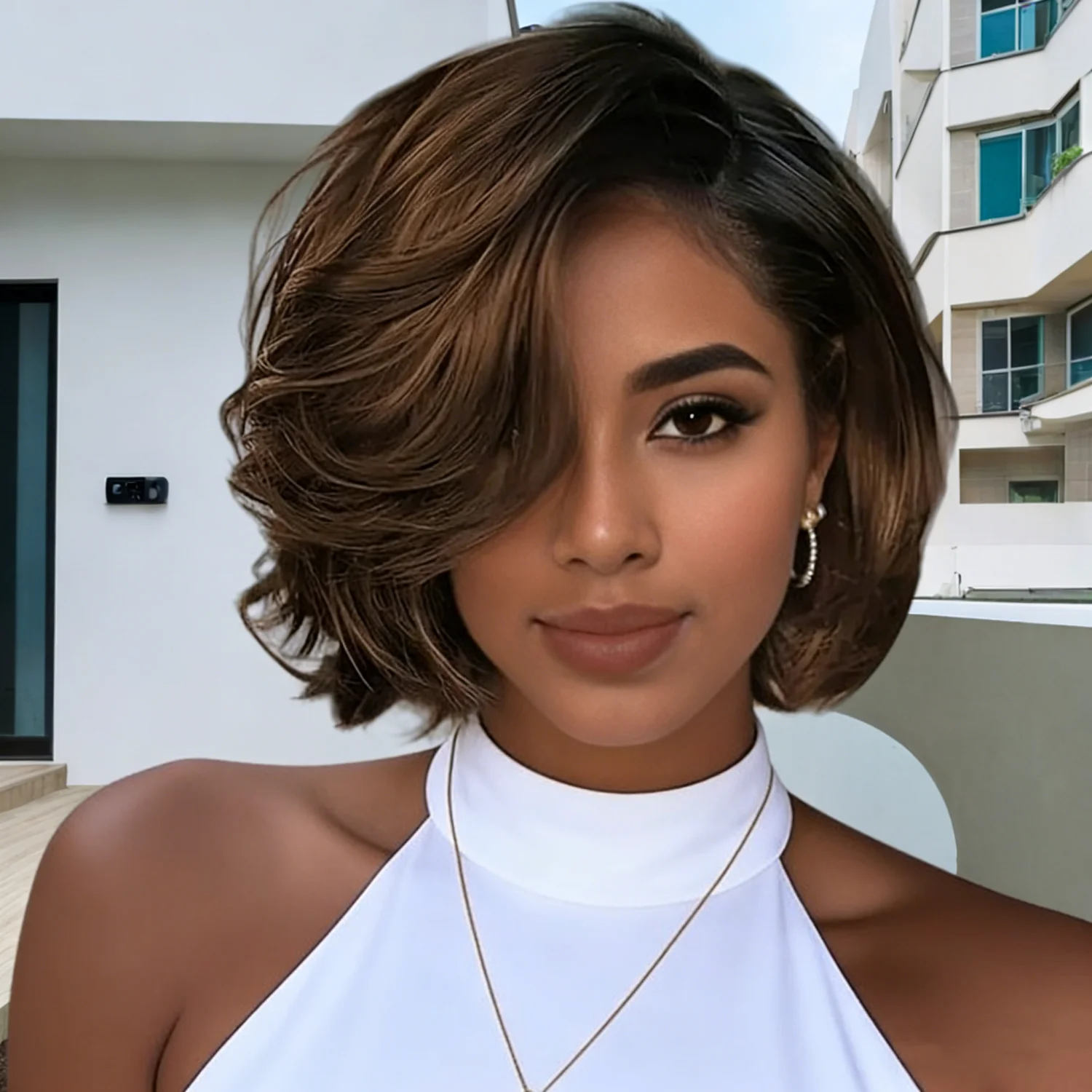 

13x4 Transparent Lace Short Bob Wig Black With Brown Straight Human Hair Pre Plucked