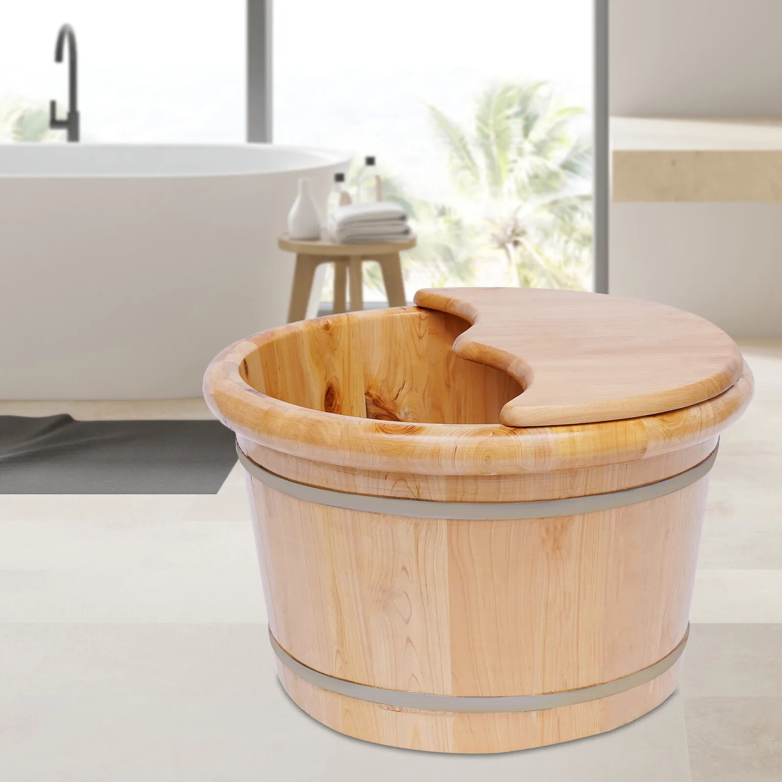 Cedar Foot Bath Tub with Bucket Cover and Massage Balls Wooden Washing Tub Sauna Foot Basin with Lid for Home and Commercial Use
