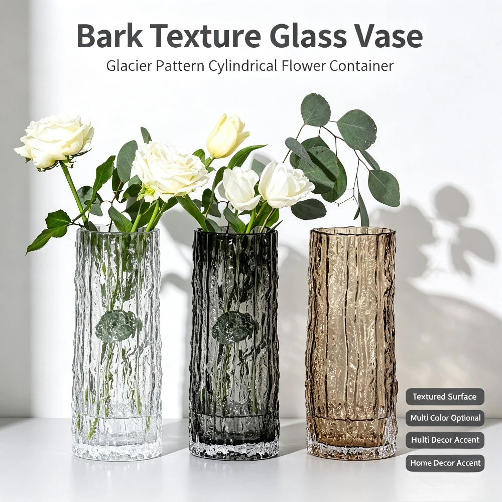 Bark Texture Cylindrical Glass Vase Glacier Pattern Flower Container Modern Living Room Tabletop Home Decor Ornament