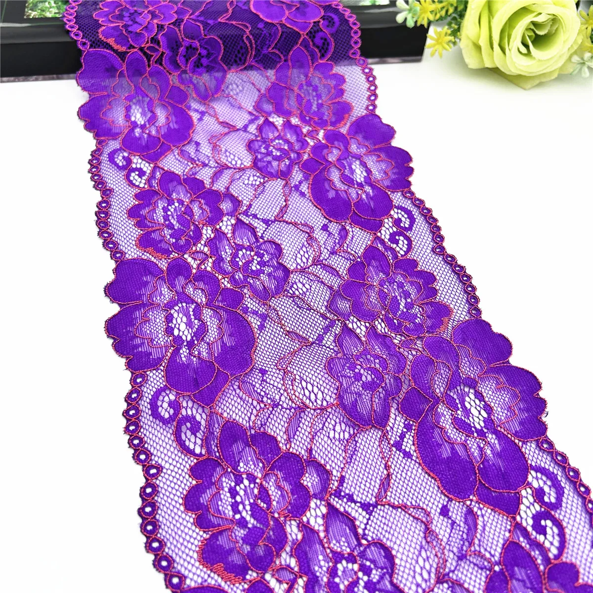 3y/lot Width 16.50cm Purple Flower Violet Elastic Stretch Lace Trim Skirt Hem For Dress Sewing Applique Costume Fabric Lace