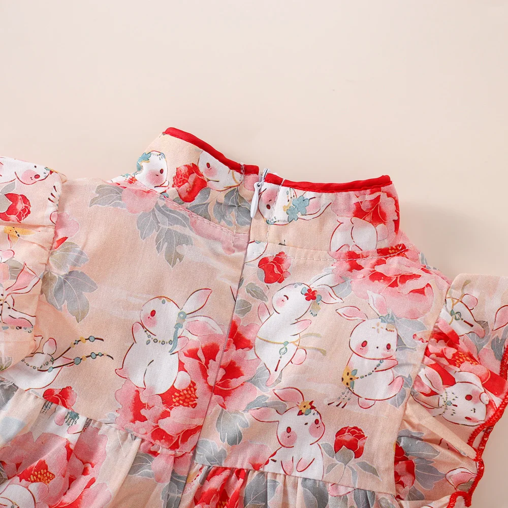 Chinese Style Girl Dress Summer Baby Girl Double Bow Small Rabbit Print Small Fly Sleeves A-Line Cheongsam Dress