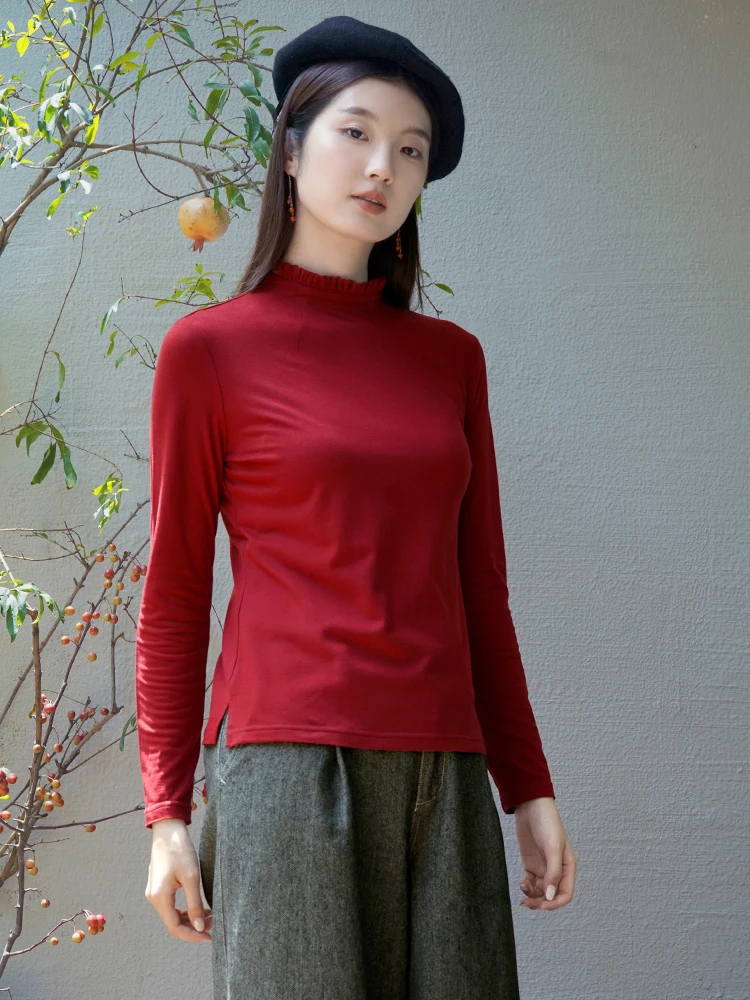 

Red High Collar Knitted Wool Base irt Sweater Slim Fit Long Sve T Top f High Ne Chinese Sle Faion Women's C...