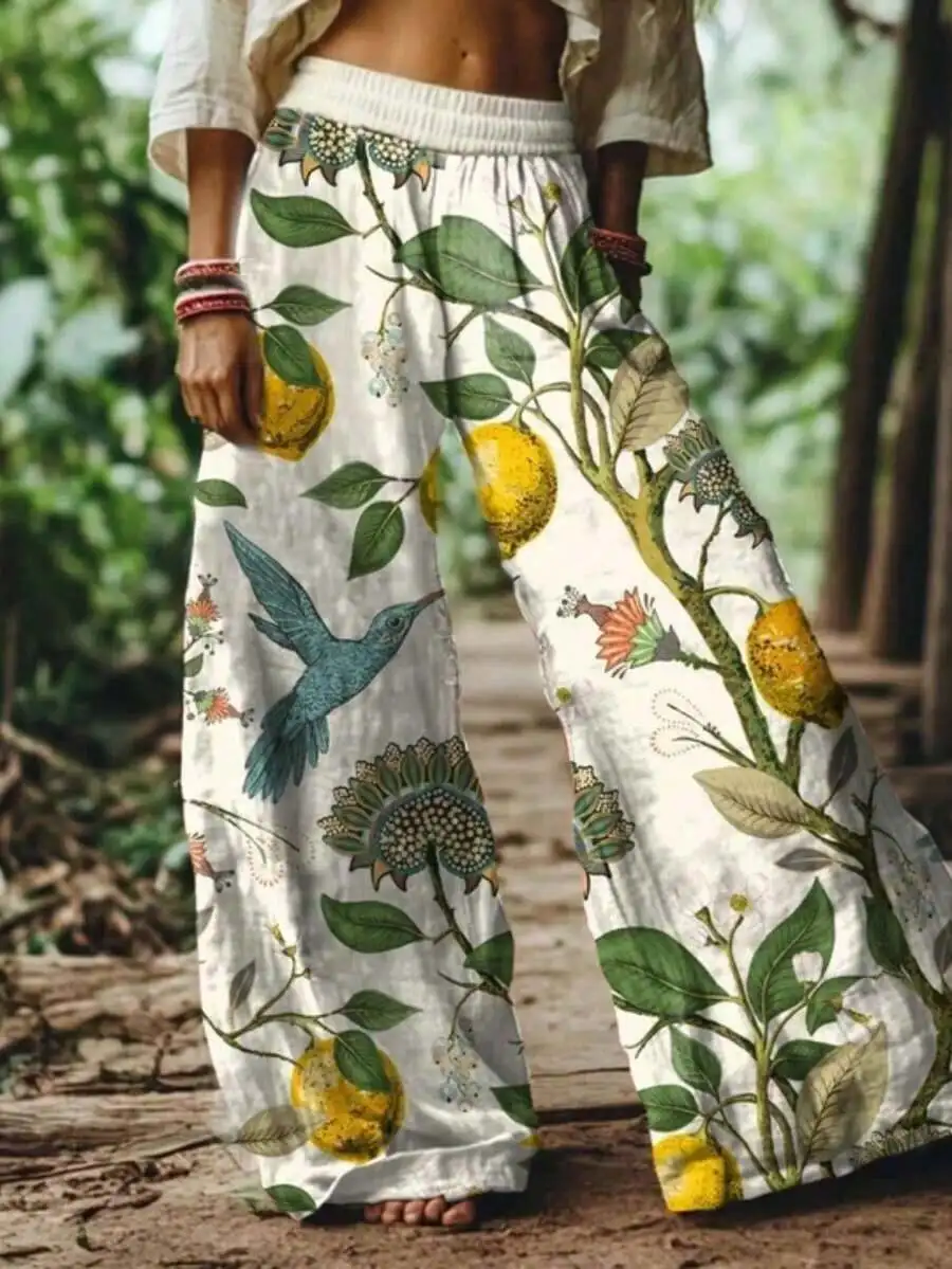 

Boho Citrus Garden Print Wide Leg Palazzo Pants For Women, Tropical Birds Lemons Foliage White Polyester Loose Trousers