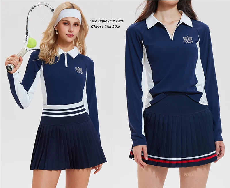 VITALINOVO Damen 2-teiliges Tenniskleid, hoch taillierter Faltenrock, Skorts, Reißverschluss, Farbblock, Golf-Poloshirts, Pickleball Athletic – Detail 5