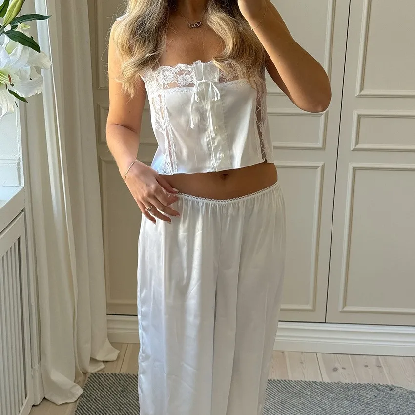 Summer Spring Women's Clothing Silk Feel Lace Trim Pajamas Set For Thin Cool Long Pants Cami Sleepwear Polyester