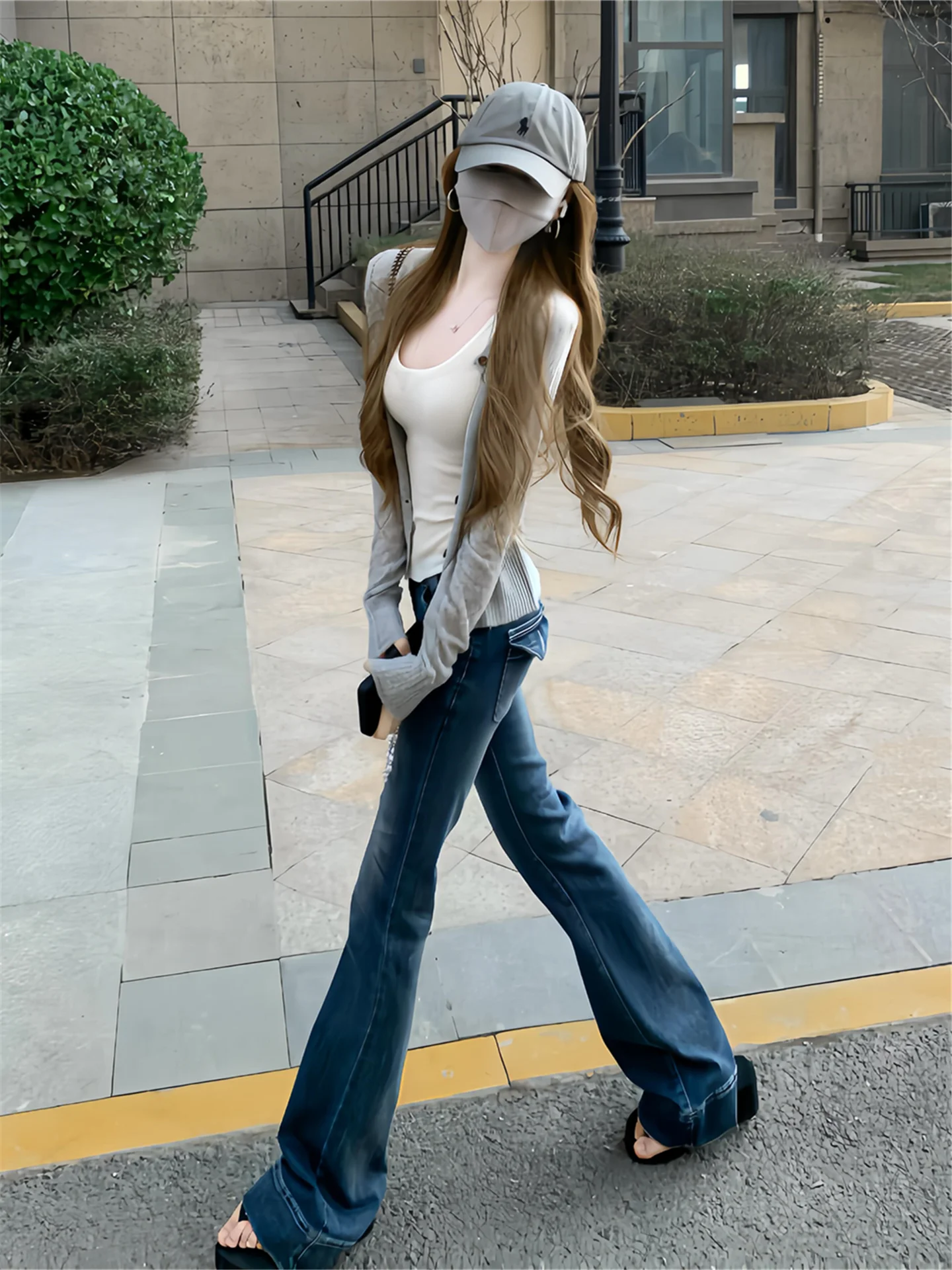 

Retro American Deep Blue Low Waist Bell Bottom Jeans Women's Slim Fit Elastic Design Sensation Floor Length Pants