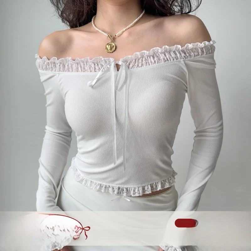

Go Girl Go Lace Splice Sexy One-Shoulder Short T-Shirt Women's Slim Fit Long Sleeve Ballet Style Patchwork T-Shirt Female