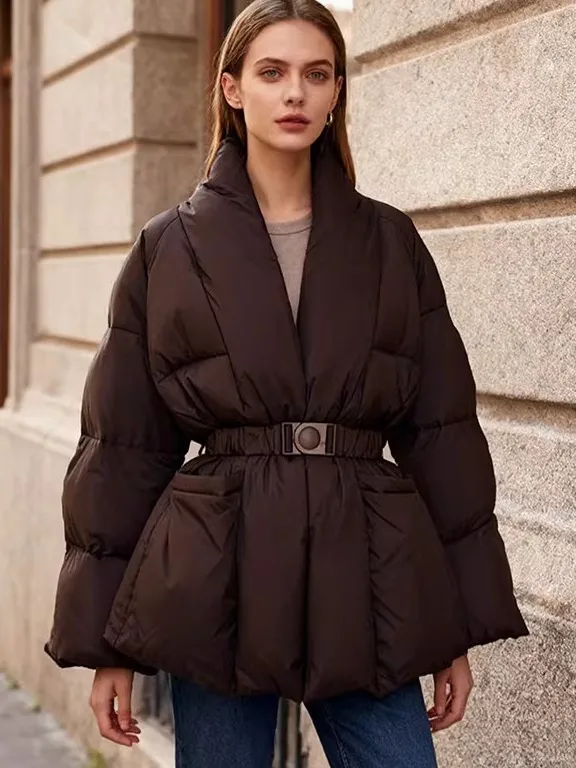 

Элегантная черная хлопковая куртка с эластичным поясом, новый зимний стиль, универсальная, с большим воротником, теплая, простая верхняя одежда для повседневной носки