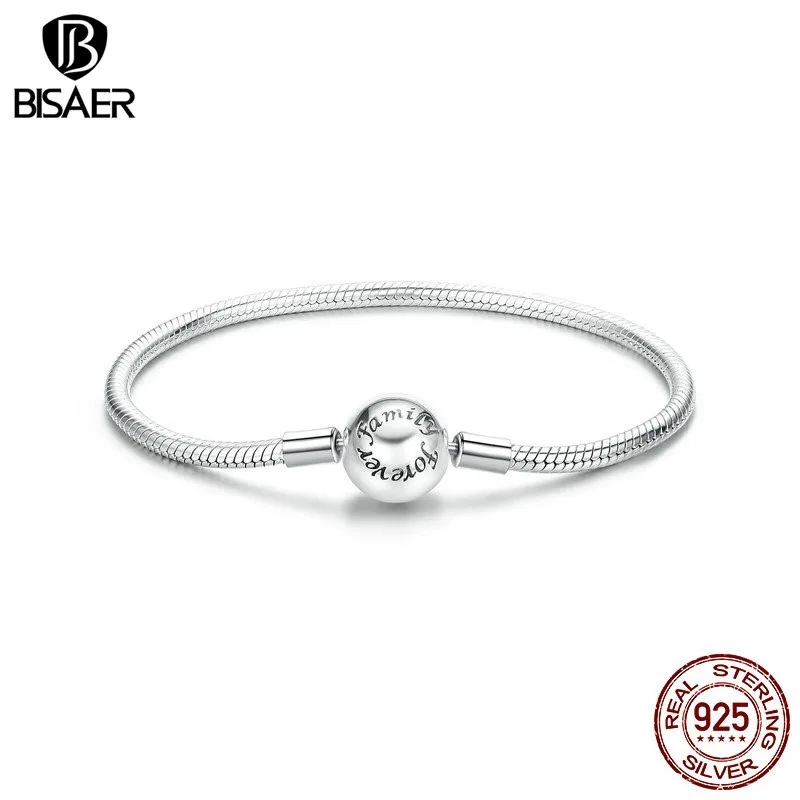 BISAER 925 Sterling Silver Forever Love Basic Bracelet Round Buckle Bangle Plated White Gold for Women Charm Bead DIY Jewelry