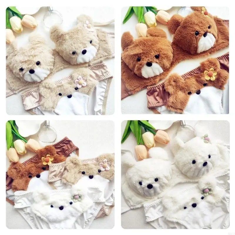 Dámské krásné plyšové spodní prádlo s podprsenkou a kalhotkami, zábavné medvědí podprsenky a kalhotky, kreslené plyšové spodní prádlo, měkké studentské dívčí spodní prádlo - náhled 5