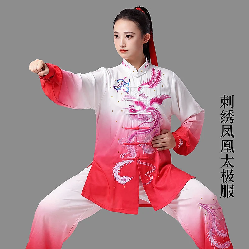 Women's Unisex Custom Tai Chi Suit Phoenix Embroidery Team Performance & Competition Martial Arts Baduanjin Training Wear
