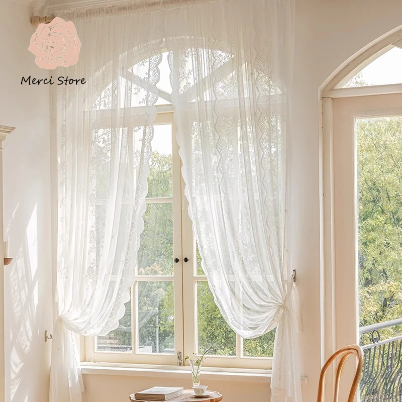 

French White Sheer Lace Curtains for Living Room Short Partition Dreamy Princess Light Transmitting Drapes Custom Tulle