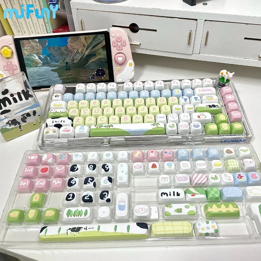 Imagem -04 - Niuniu Yeye Keycap Personalizado Bonito Vaca Anime Keycaps Moa Soa Pbt Conjunto Completo Kawaii Chave Boné Ergonômico para Teclados Mecânicos