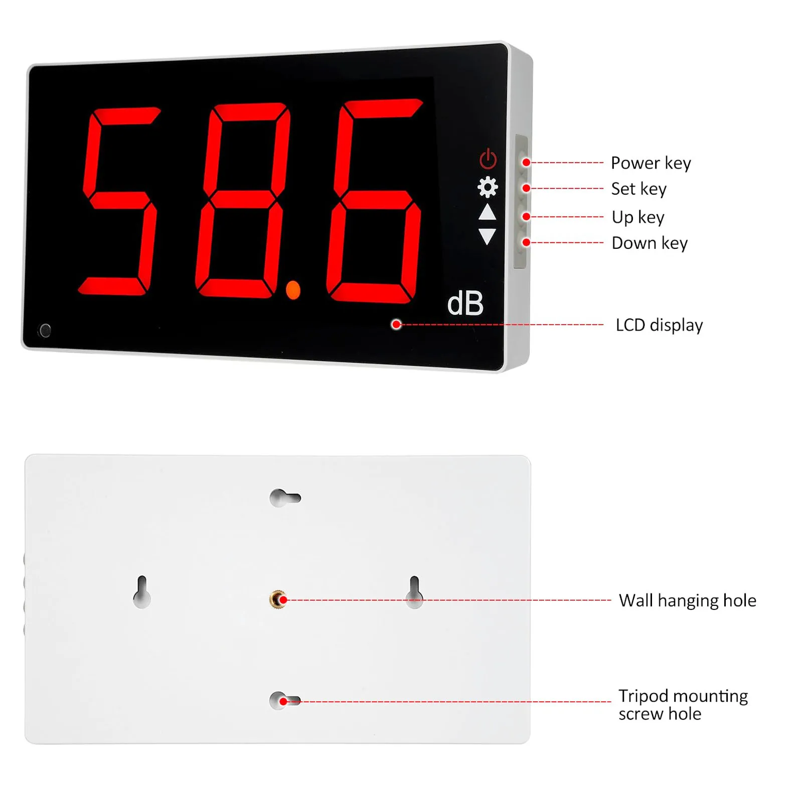 Digital Large Screen Sound Level Meter 3Inch Large LCD Screen 30-130dB Range Wall Mounted Decibel Noise Meter with Audible Alarm