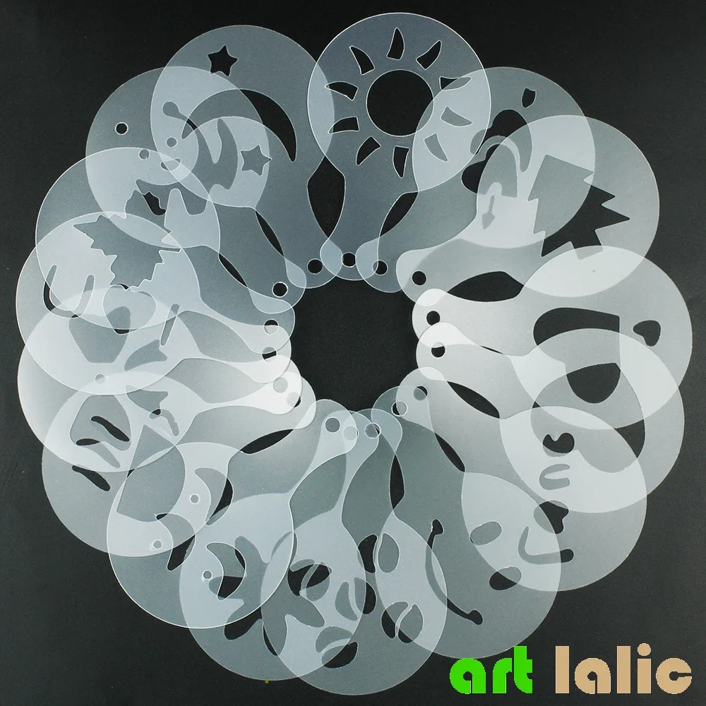 16Pcs Coffee Milk Barista Cappuccino Stencil Mold Cupcake Stew Pad Duster Spray Tools Cake Decorating Templates