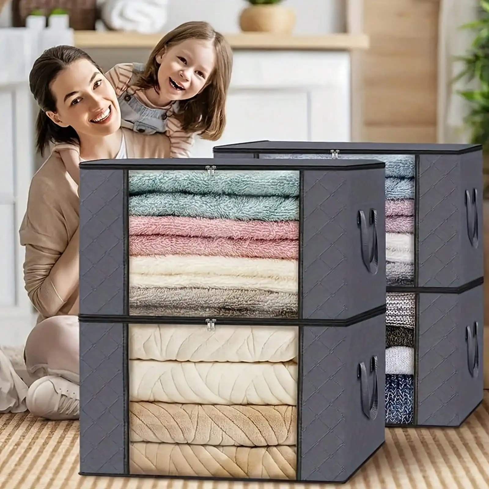 3‑Pack Extra‑Large Storage Bags With Zipper & Lid, Foldable Durable Clothing Organizer Bags With Carry Handles, Large Storage Containers For Bedding, Blankets, Pillows & Toys, Ideal For Travel Use