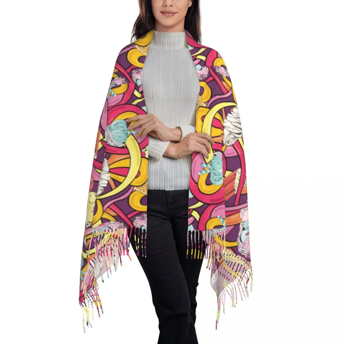 Sciarpa all'aperto inverno astratto gelati scialle avvolgere cibo divertente stampa grafica Foulard uomo donna sciarpe testa popolari