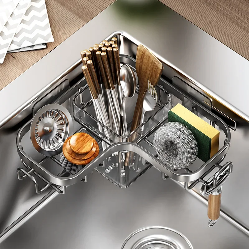 Kitchen Carbon Steel Sink Drain Rack No-Punching Wall Mounted Corner Dishcloth Storage Rack Waterproof Space Saving