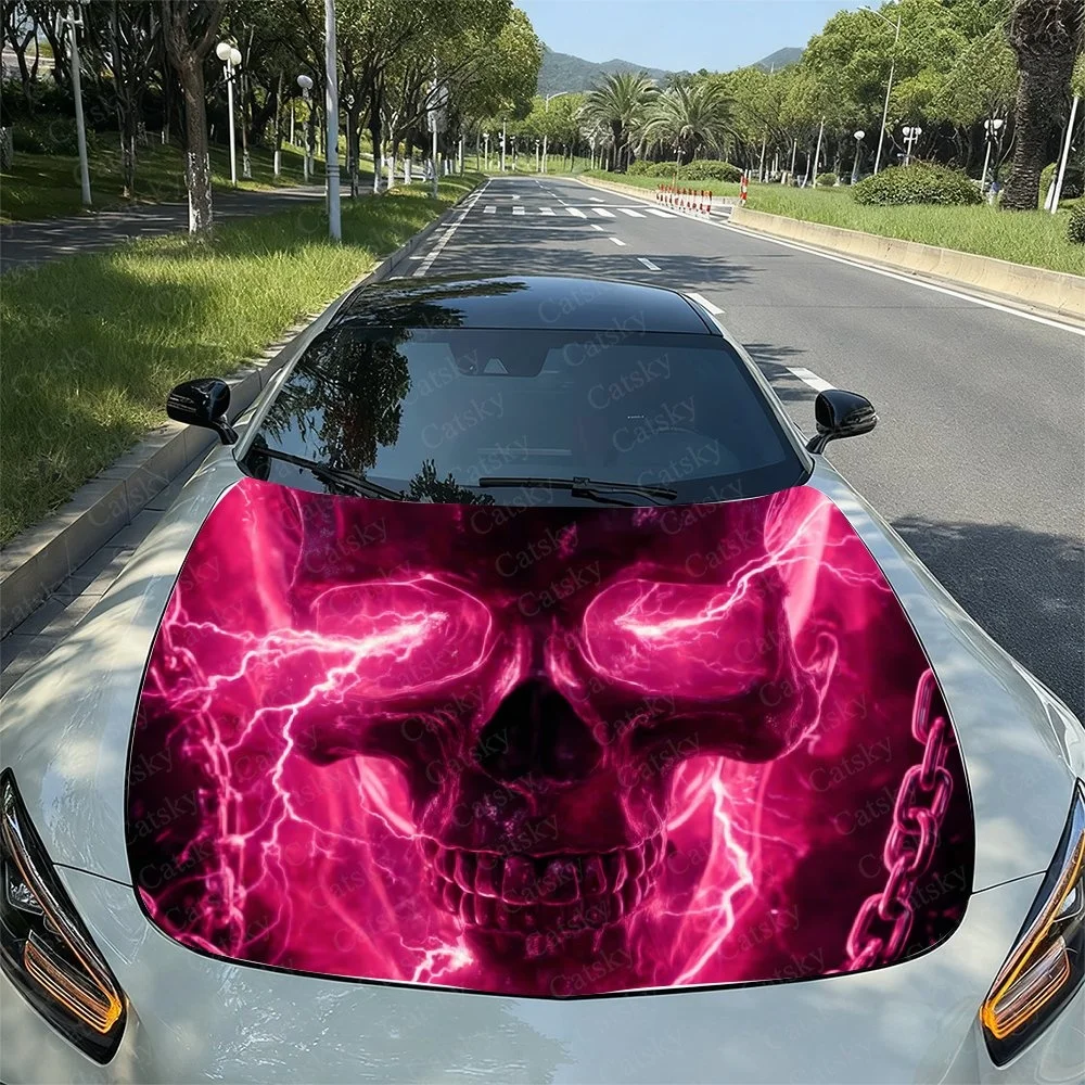 Pink Smoke Skull Car Hood Sticker PVC Self Waterproof Stick, Striking Auto Exterior Accessories Decor Protect Gift for Car Lover