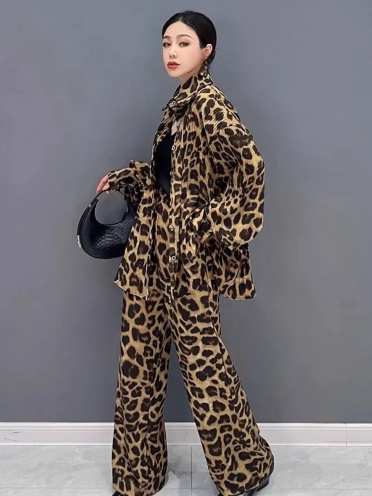 Fashion Leopard Print 2 Pieces Pants Set Women Loose Long Sleeve Shirts Wide Leg Pants Outfits Autumn Female Vintage Streetwear