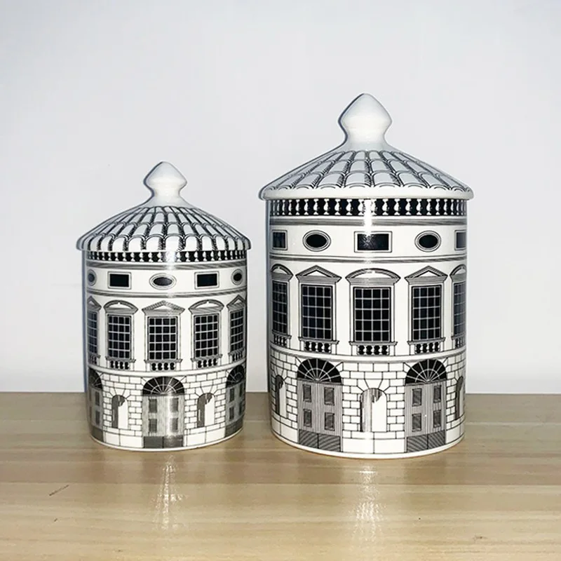 

Creative Luxury Nordic Classical Black White Architectural Art Ceramic Decorative Jar Storage Jar with Lid Decor Tea Box Tea Set