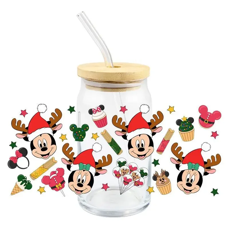 Christmas Cartoon Mickey Minnie Anime Kawaii UV DTF Transfer Crystal Transparent Stickers for Glass Cup Wrap Transfer Decals Toy