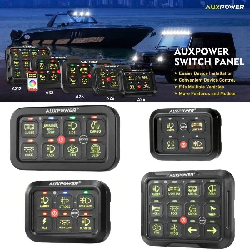 AUXPOWER RGB 4/6/8/12Gang  Switch Panel Toggle/Momentary/Pulsed Supported  Switch Controller for Car ATV Boat (One-Sided Outlet)