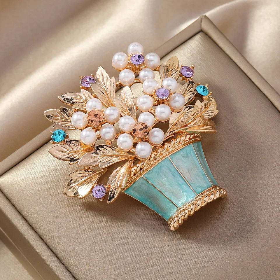 women pearl flower brooch fashionable flower basket plant brooch rhinestone accessories