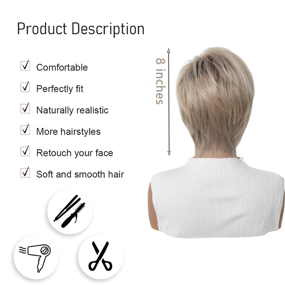 Ombre Blonde Short Pixie Cut Wigs with Side Swept Bangs For Women Layered Heat Resistant Synthetic Hair Daily Party Cosplay Use