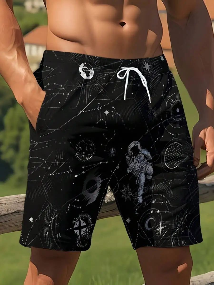 

Mens 3D Space Astronaut Print Beach Shorts, Quick-Dry Breathable Summer Casual Swim Trunks
