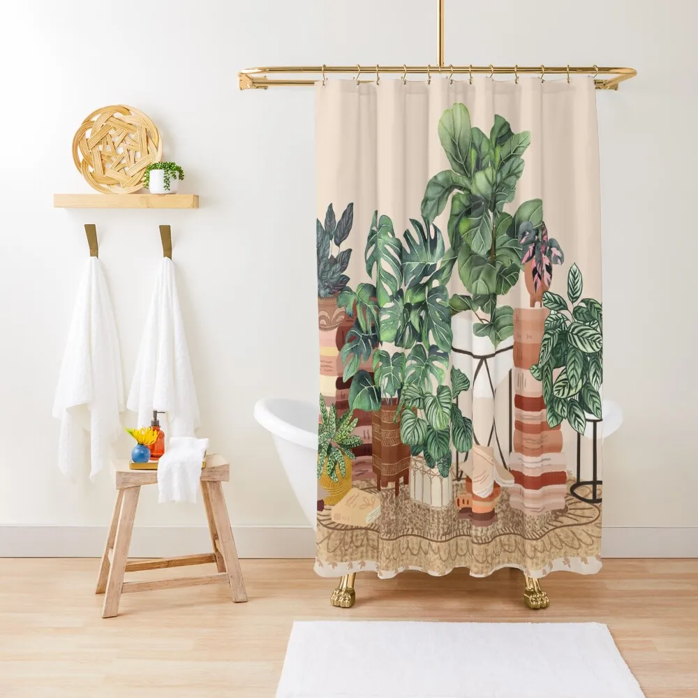 

Books and plants illustration Shower Curtain Shower For Bathrooms Anti-Mold Waterproof Shower For Bathroom Curtain