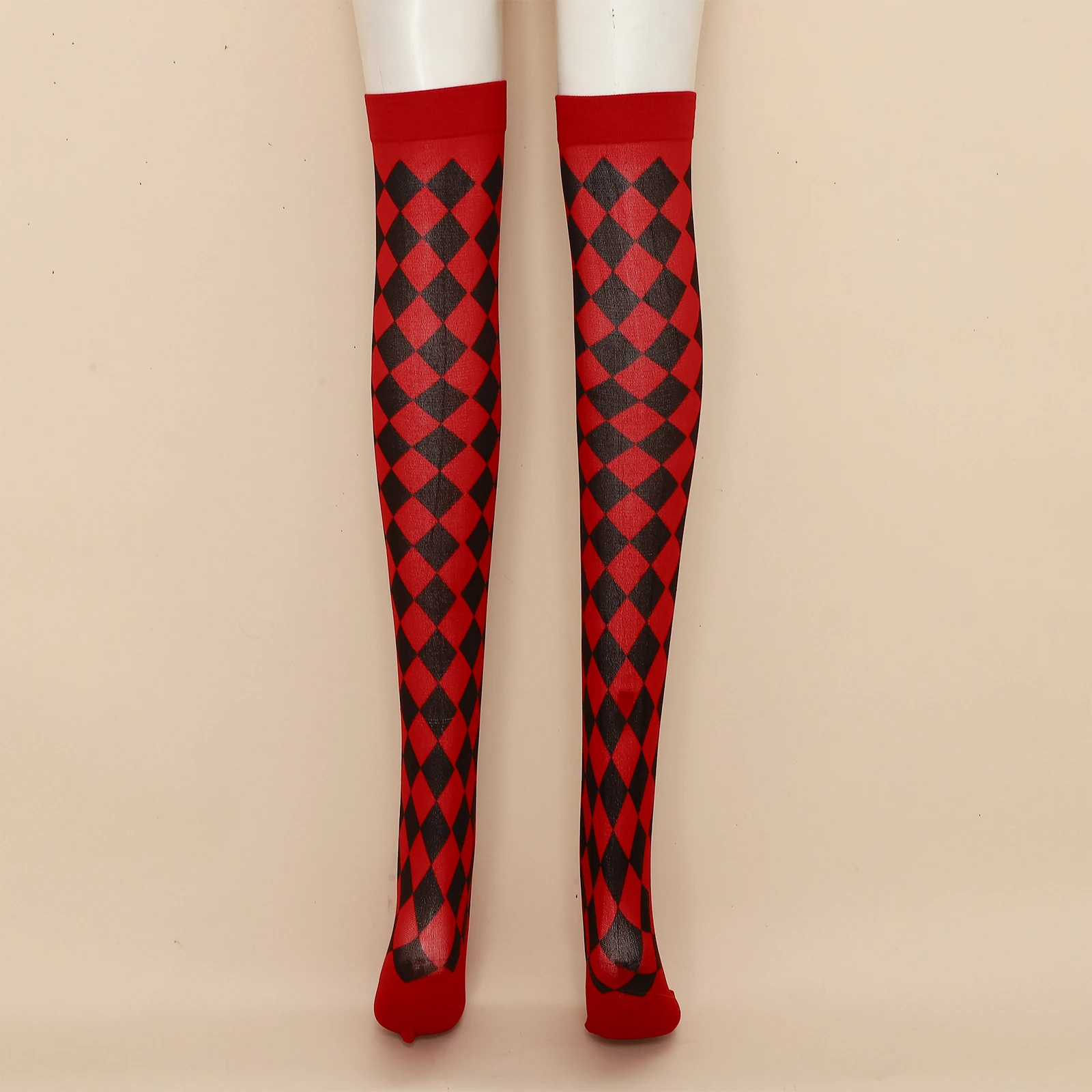 Womens Argyle Card Pattern Thigh High Stockings Stripes Contrast Long Socks Witch Crazy Clown Cosplay Costume Accessory Clubwear